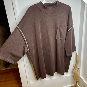 POL Ribbed Brown Men's Shirt with Exposed Seams Pocket Oversized